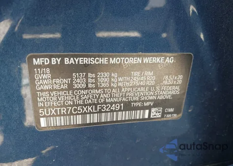 2019 BMW X3 Sdrive30I z USA, uszkodzony, nr VIN 5UXTR7C5XKLF32491